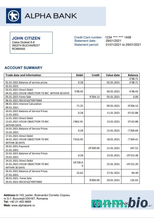 Rumunia Alpha Bank szablon w formacie excel pdf